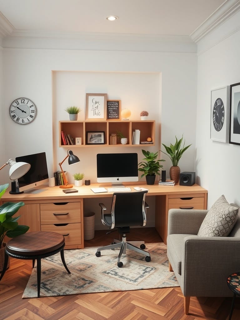 Stylisches Home-Office mit Holzschreibtisch, Pflanzen und bequemen Möbeln.