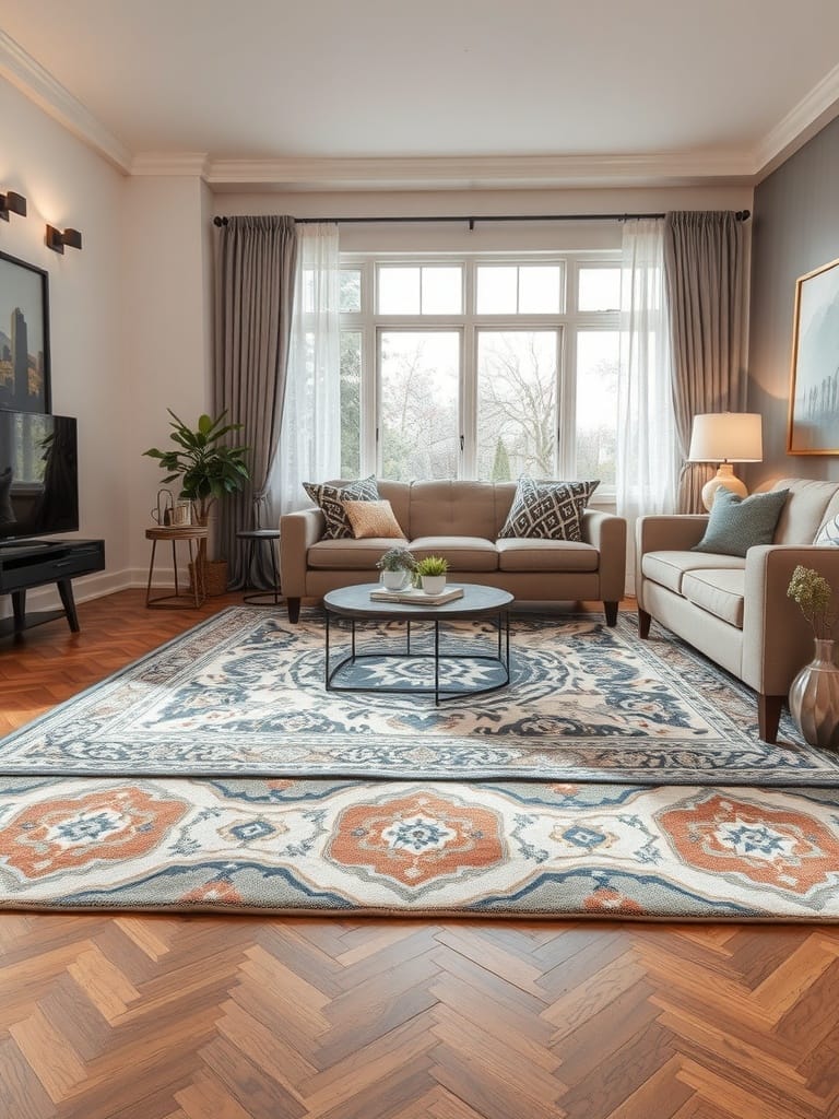 Ein stilvolles Wohnzimmer mit einem bunten Teppich, der Akzente setzt.