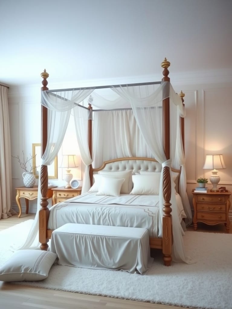 Ein stilvolles Schlafzimmer mit einem Himmelbett, umgeben von sanften Vorhängen und warmem Licht.
