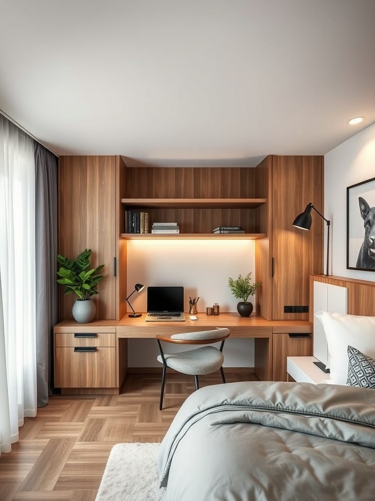 Schlafzimmer mit einem modernen Schreibtisch und Holzregalen