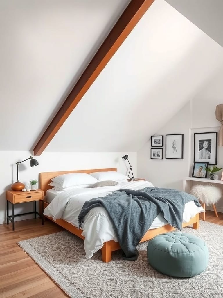 Gemütliches Schlafzimmer unter einer Dachschräge mit Holzdetails und modernen Möbeln.
