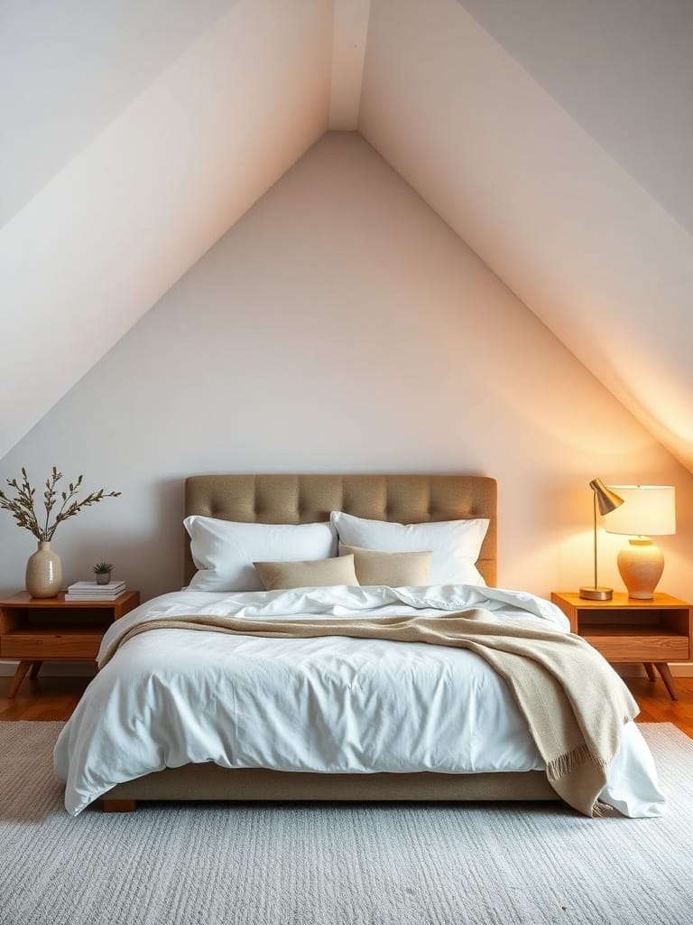 Gemütliches Schlafzimmer unter einer Dachschräge mit einem Bett, Nachttischen und sanfter Beleuchtung.