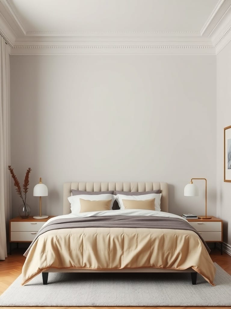 Schlafzimmer mit einfarbigen Wänden, einem Bett und modernen Lampen.