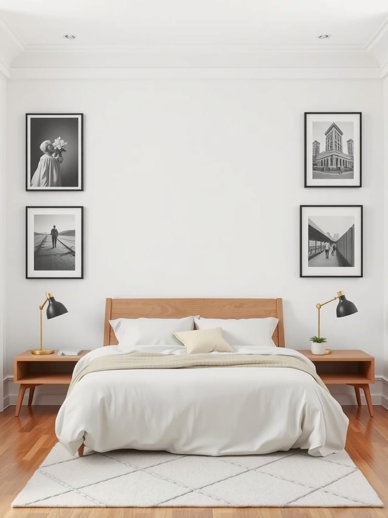 Schlichtes Schlafzimmer mit Bildern an der Wand und minimalistischer Einrichtung.