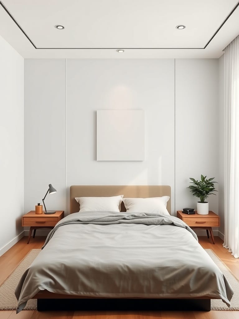 Schlafzimmer mit schlichter Wandgestaltung und klaren Linien