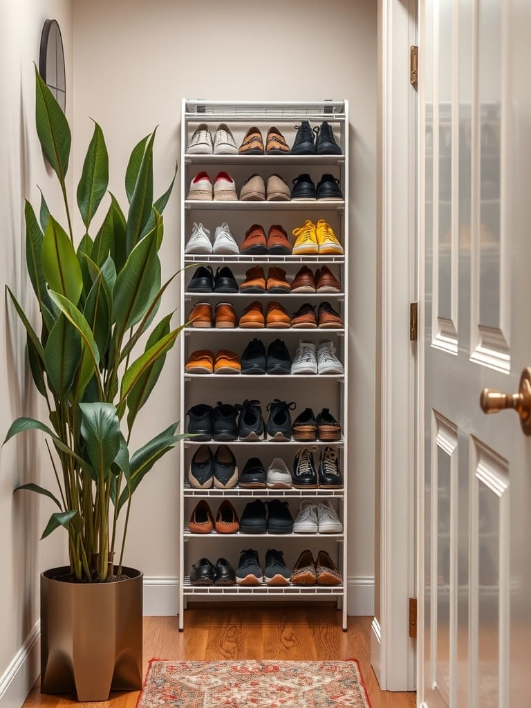 A narrow shoe rack filled with various shoes in a small hallway.