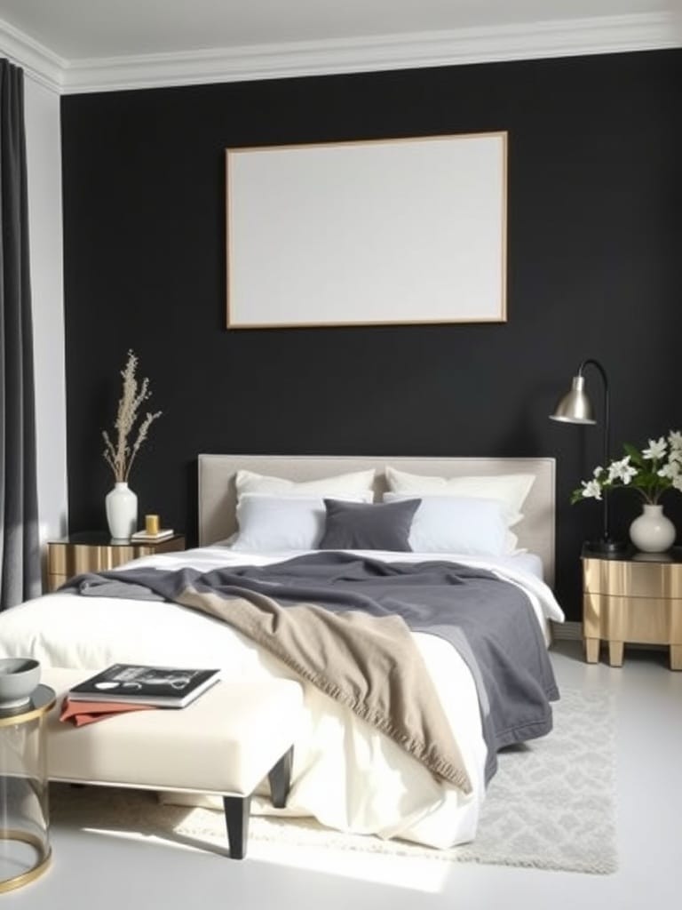 Schlafzimmer mit schwarzer Wand, weißem Bett und eleganten Dekorationen.