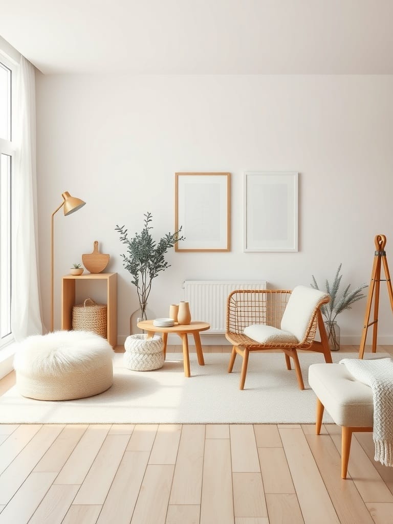 A cozy Scandinavian-inspired living room with light colors and natural materials.