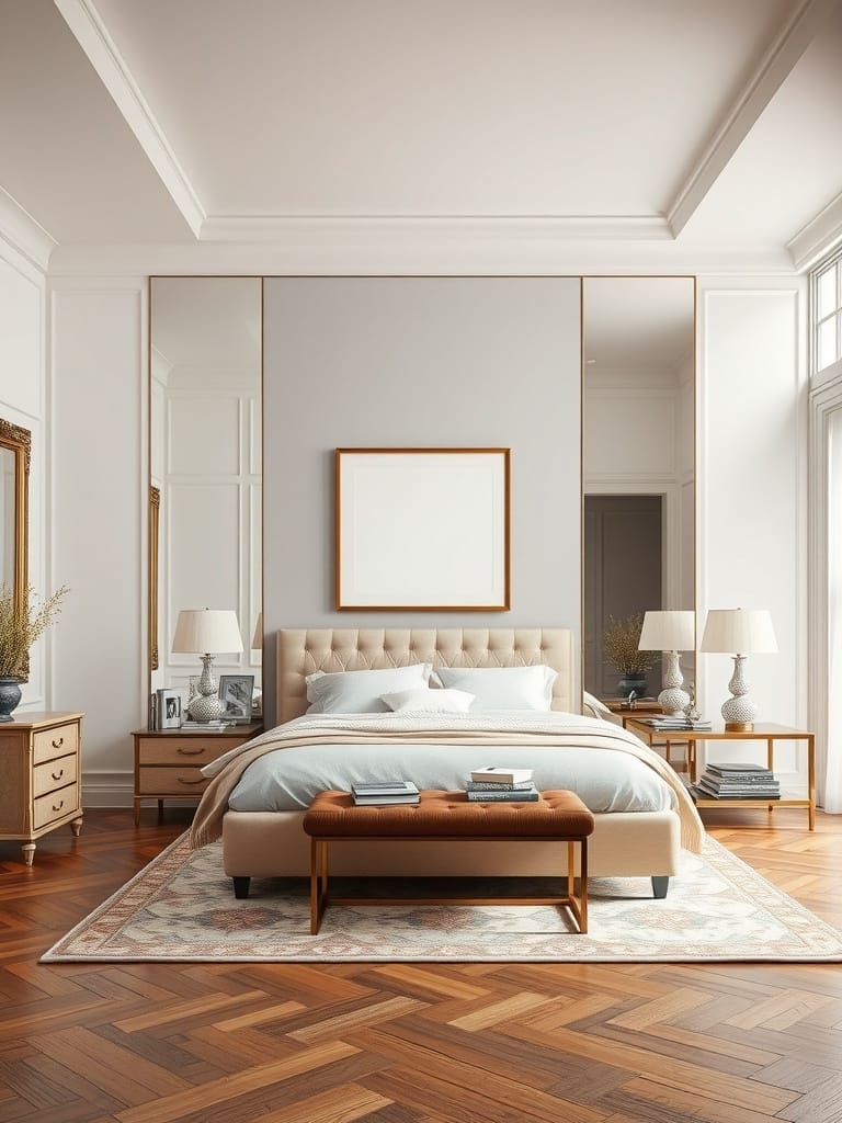 Schlafzimmer mit Spiegelwand und stilvollem Interieur