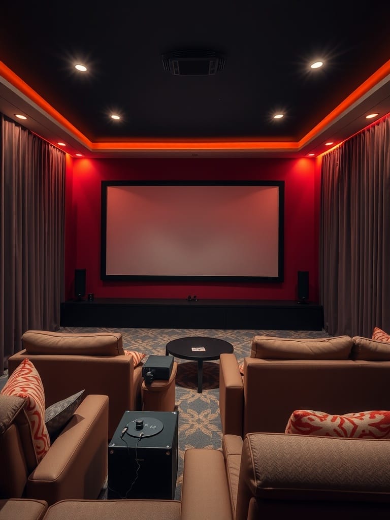 Stylish home cinema with comfortable seating and ambient lighting.
