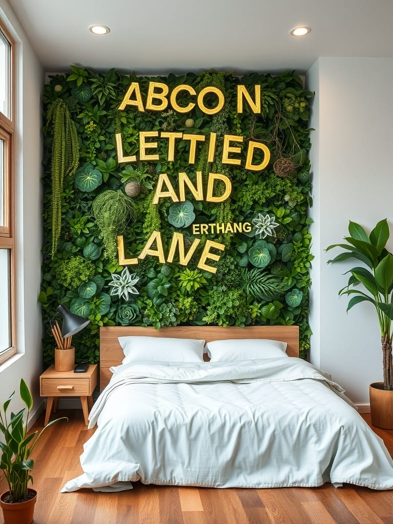 Schlafzimmer mit einer lebendigen Pflanzenwand und einem gemütlichen Bett.
