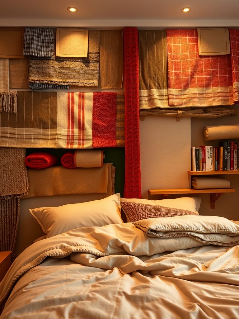 Eine gemütliche Textilwand im Schlafzimmer mit verschiedenen Stoffen und Farben.