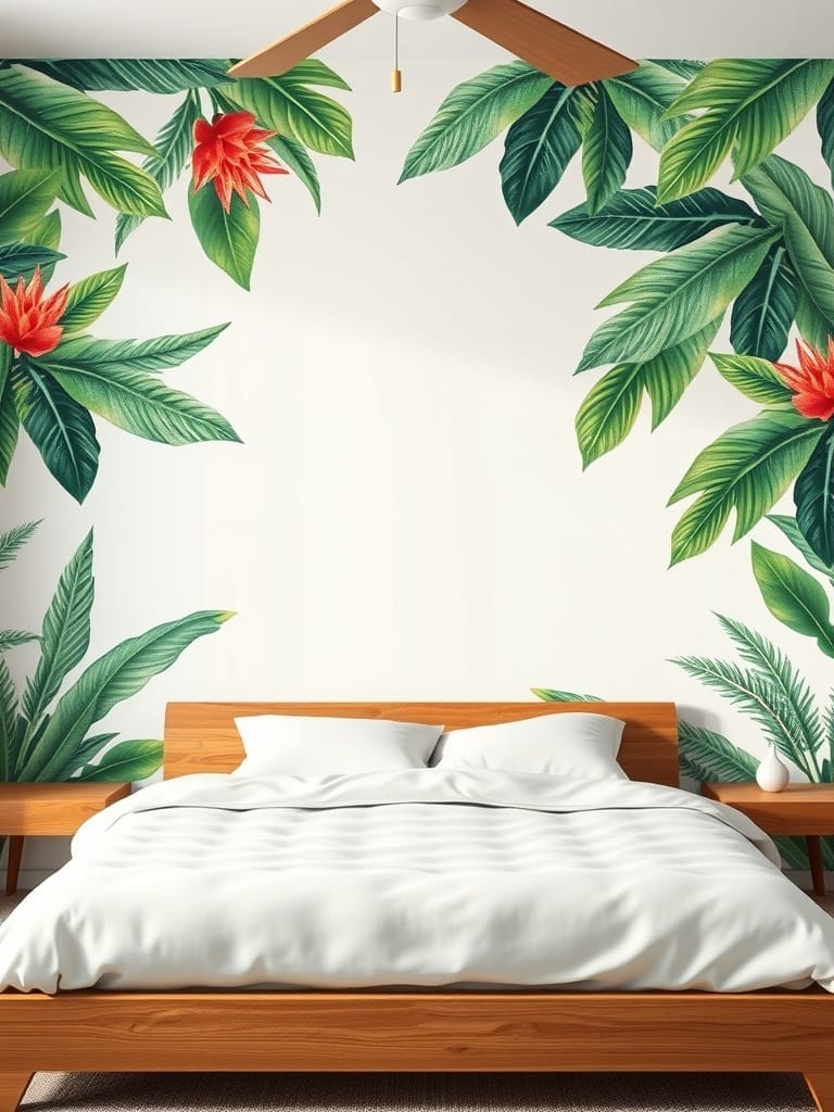 Tropische Wandgestaltung mit Pflanzenmotiven in einem Schlafzimmer