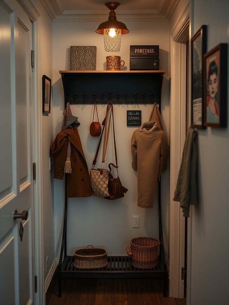Ein kleiner Flur mit Vintage-Inspiration, ausgestattet mit einer Lampe, Regalen und verschiedenen Taschen.