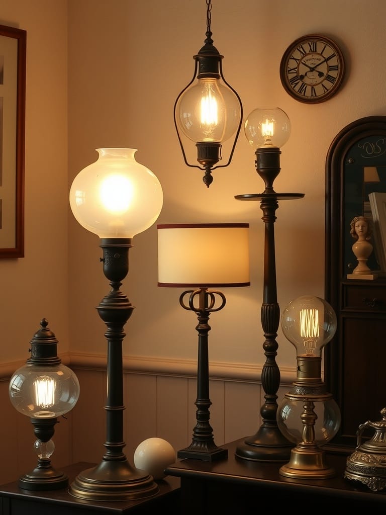 Eine Auswahl an Vintage-Lampen in verschiedenen Stilen und Größen.