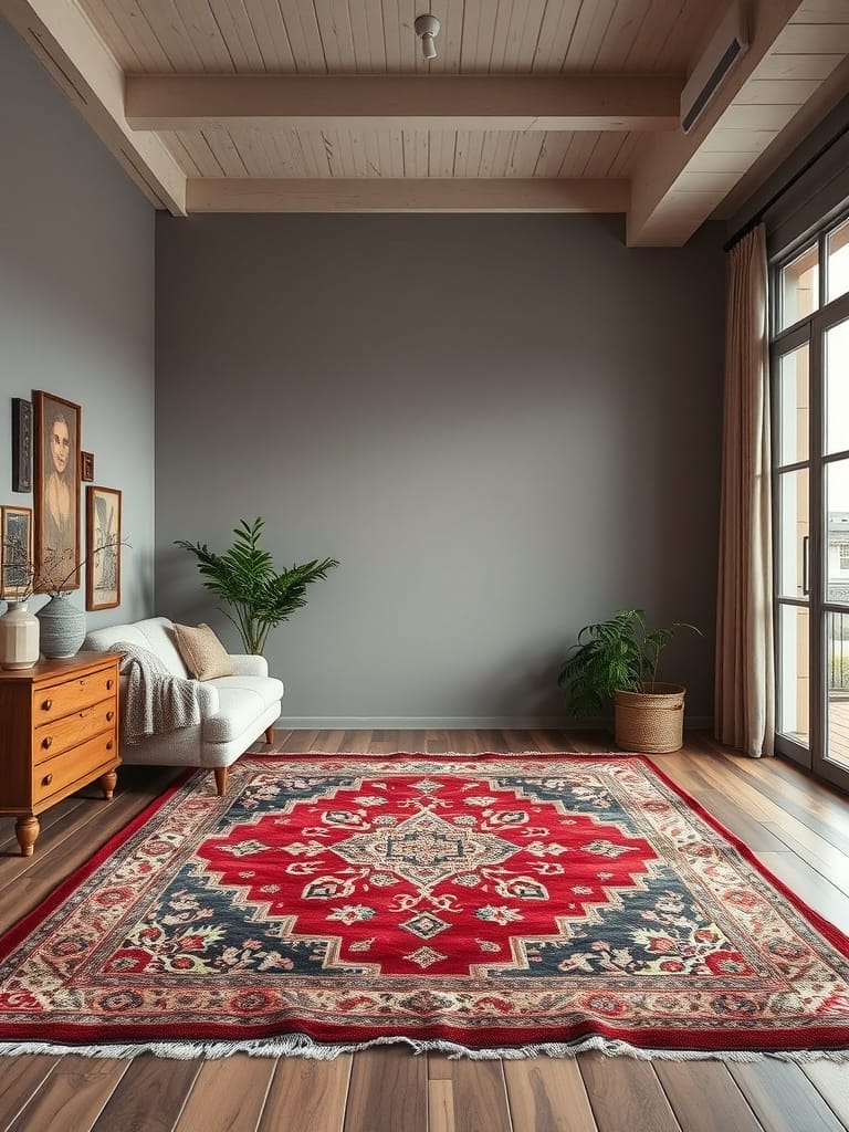 Ein stilvoller Raum mit einem roten Vintage-Teppich auf einem Holzfußboden, umgeben von Pflanzen und einem gemütlichen Sofa.