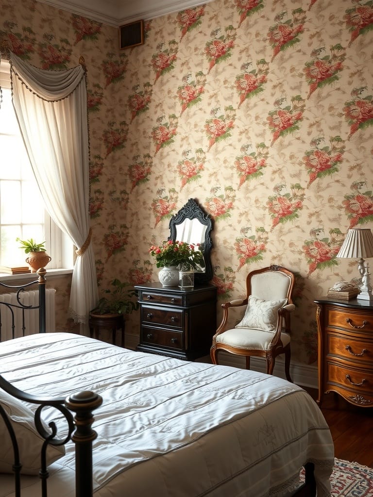 Schlafzimmer mit vintage Tapete und klassischem Mobiliar