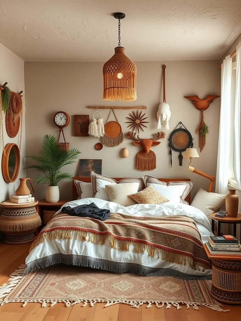 Boho-Stil Schlafzimmer mit natürlichen Materialien und Dekoration