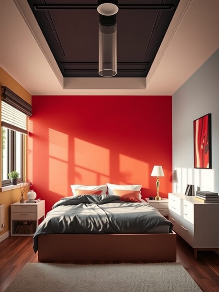 Schlafzimmer mit dynamischen Farbkontrasten, roter Wand und neutralen Möbeln.