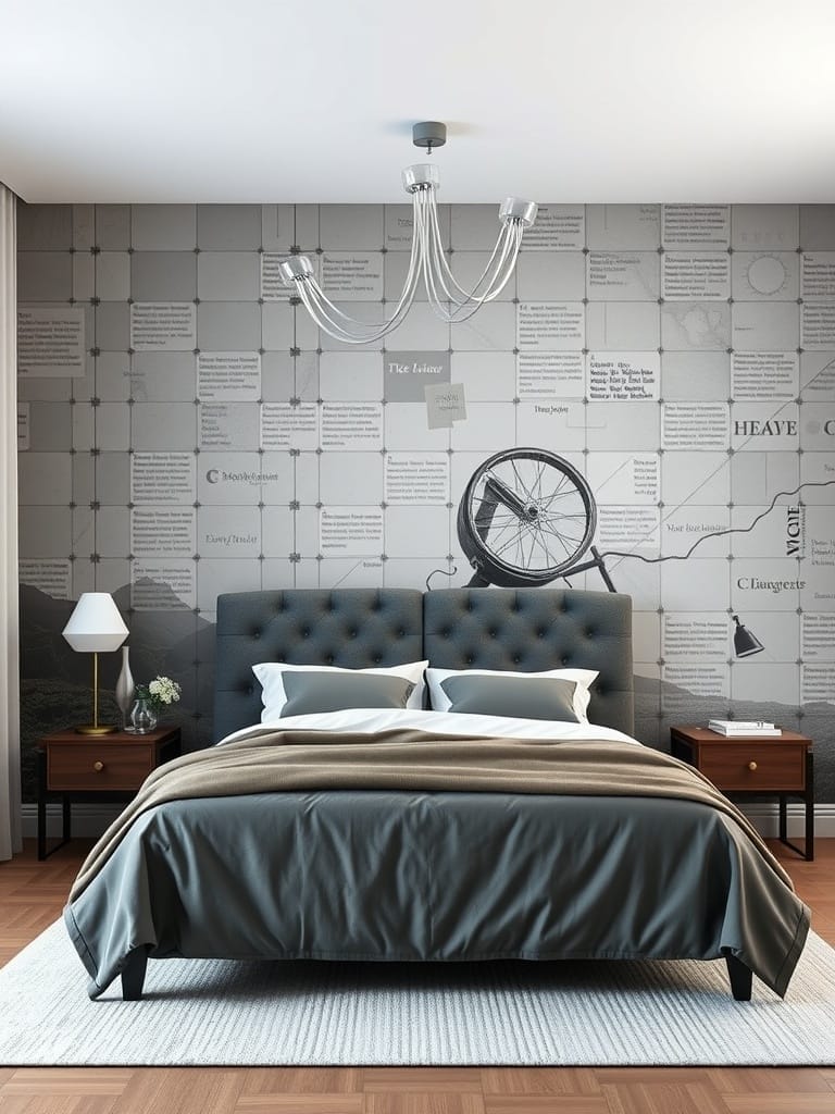 Schlafzimmer mit Fototapete, die eine kreative Wandgestaltung zeigt.