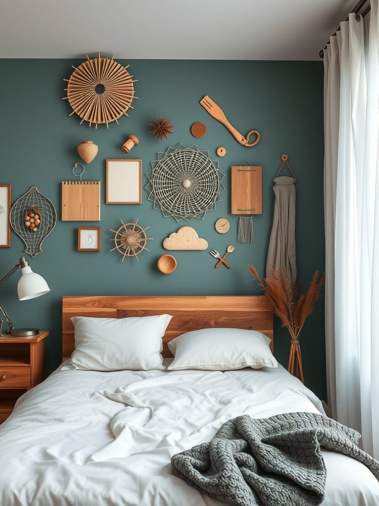 Schlafzimmer mit handgemachten Wanddekorationen und einem gemütlichen Bett