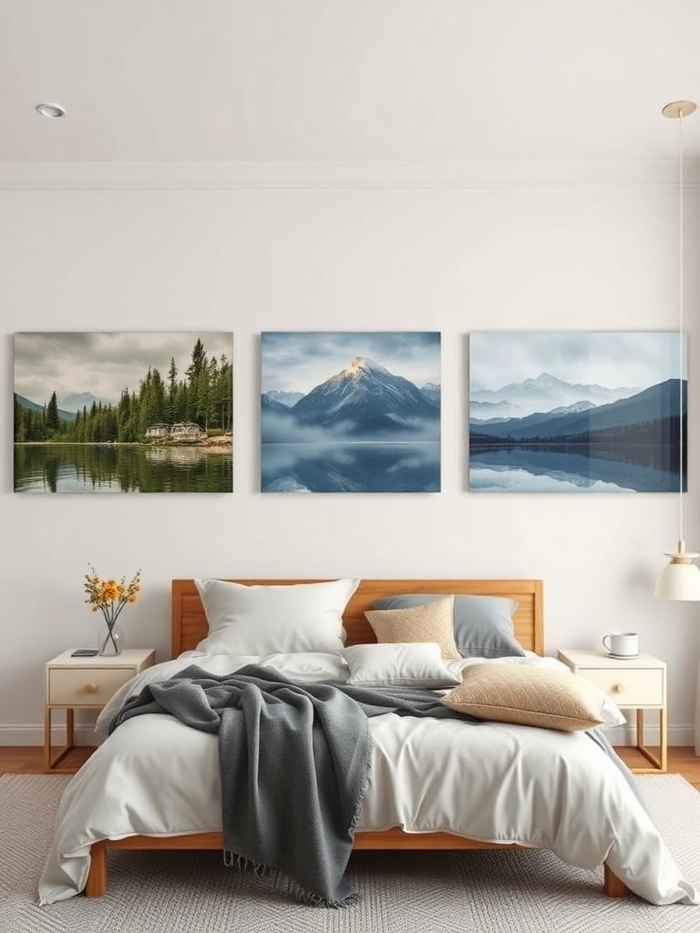 Schlafzimmer mit Naturbildern an der Wand