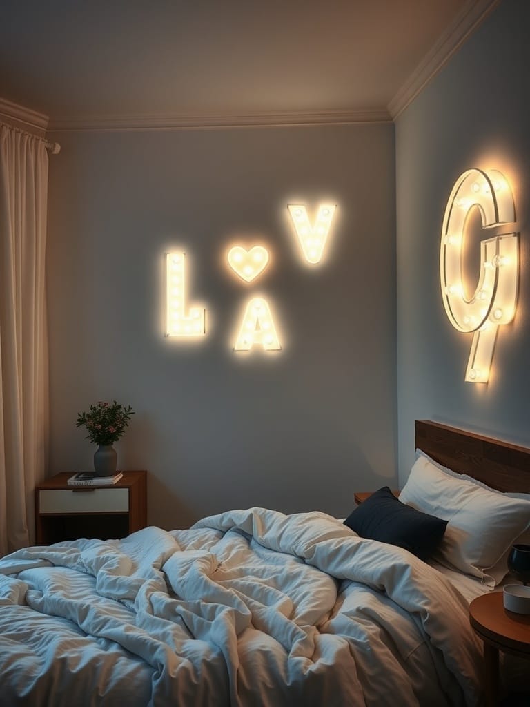 Schlafzimmer mit kreativen Lichtinstallationen in Form von Buchstaben an der Wand.