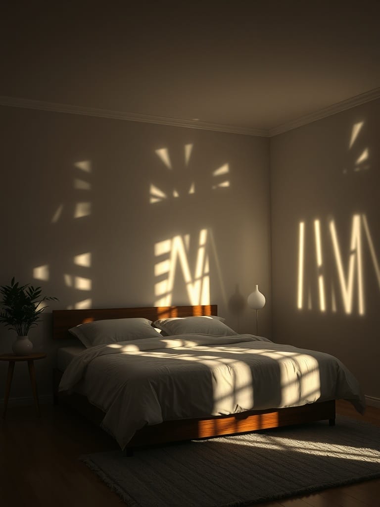 Schlafzimmer mit kreativen Lichtspielen und Schatten an der Wand