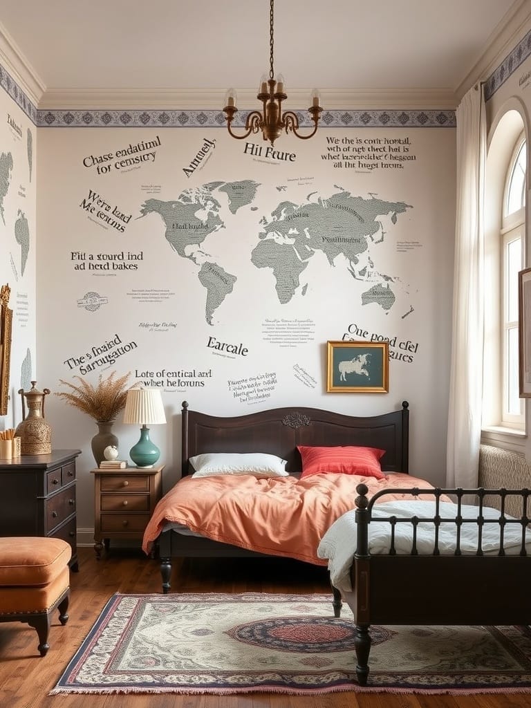 Schlafzimmer mit Vintage-Möbeln und kreativer Wandgestaltung