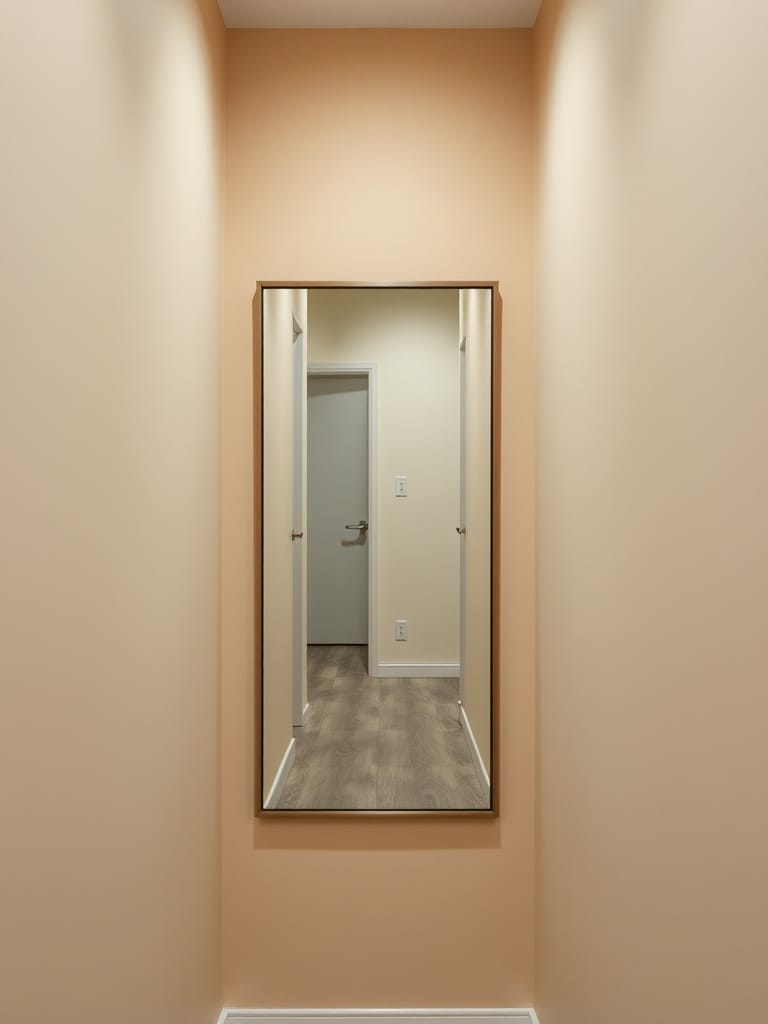 Ein Wandspiegel in einem kleinen Flur mit orangefarbenen Wänden.