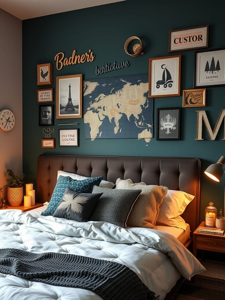 Ein Schlafzimmer mit verschiedenen Wandtattoos und einer gemütlichen Bettwäsche.