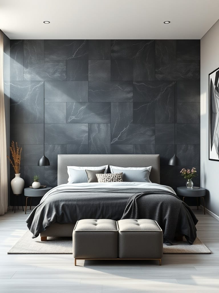 Schlafzimmer mit Schieferwand und modernem Design